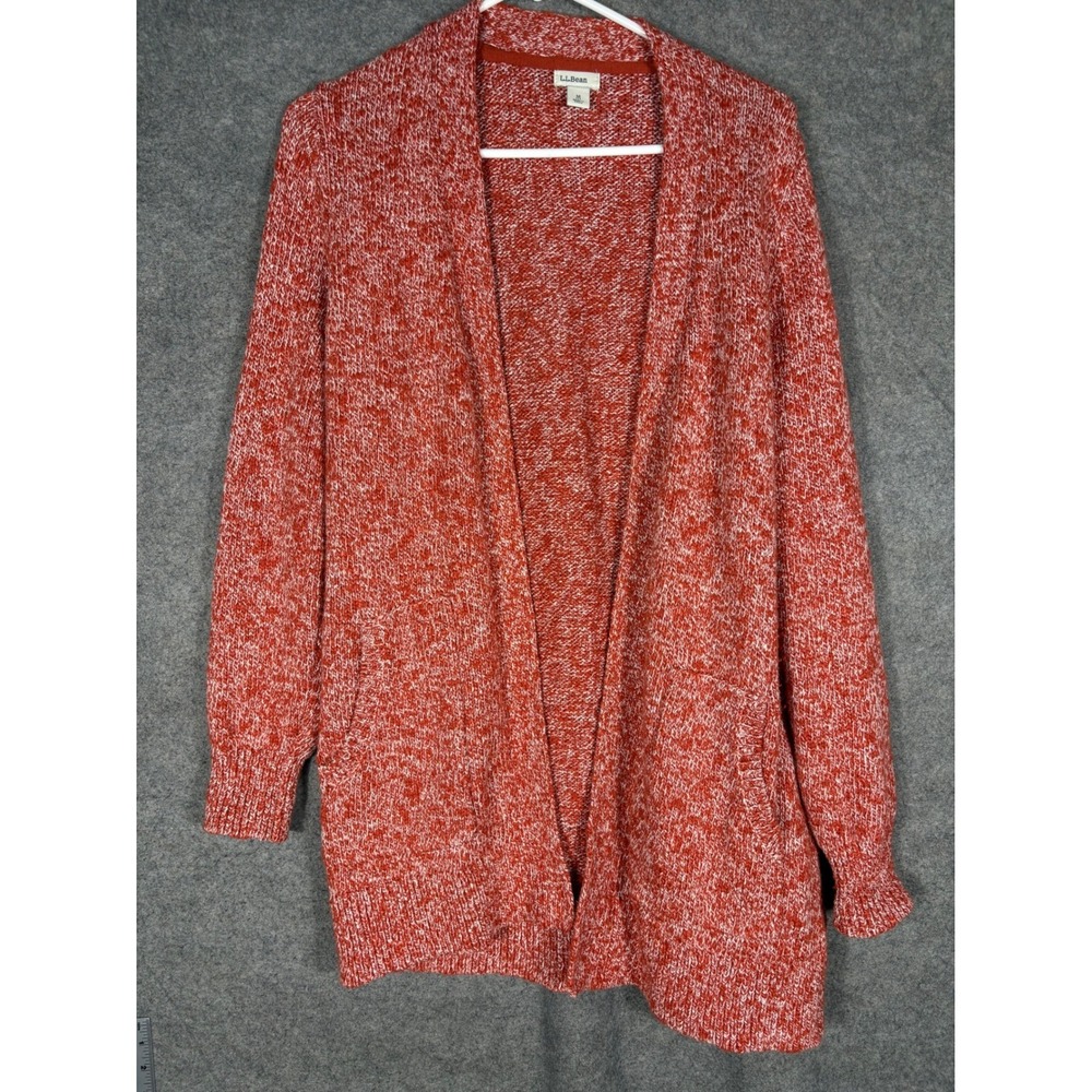 LL Bean Womens Medium Petite Red Marled Cotton Open Front Cardigan Sweater 50415